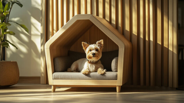 Dog in modern pet room with wooden bed and cozy design