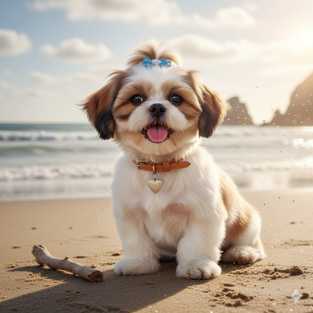 Happy dog after pet grooming at the best salon in Myrtle Beach playing on the sand