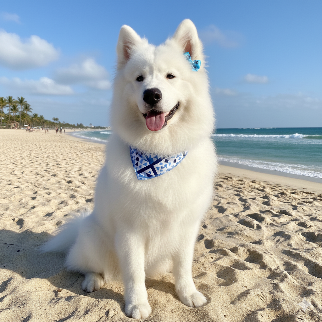 Furry groomed puppy enjoying the beach after a visit to a pet grooming salon in Myrtle Beach