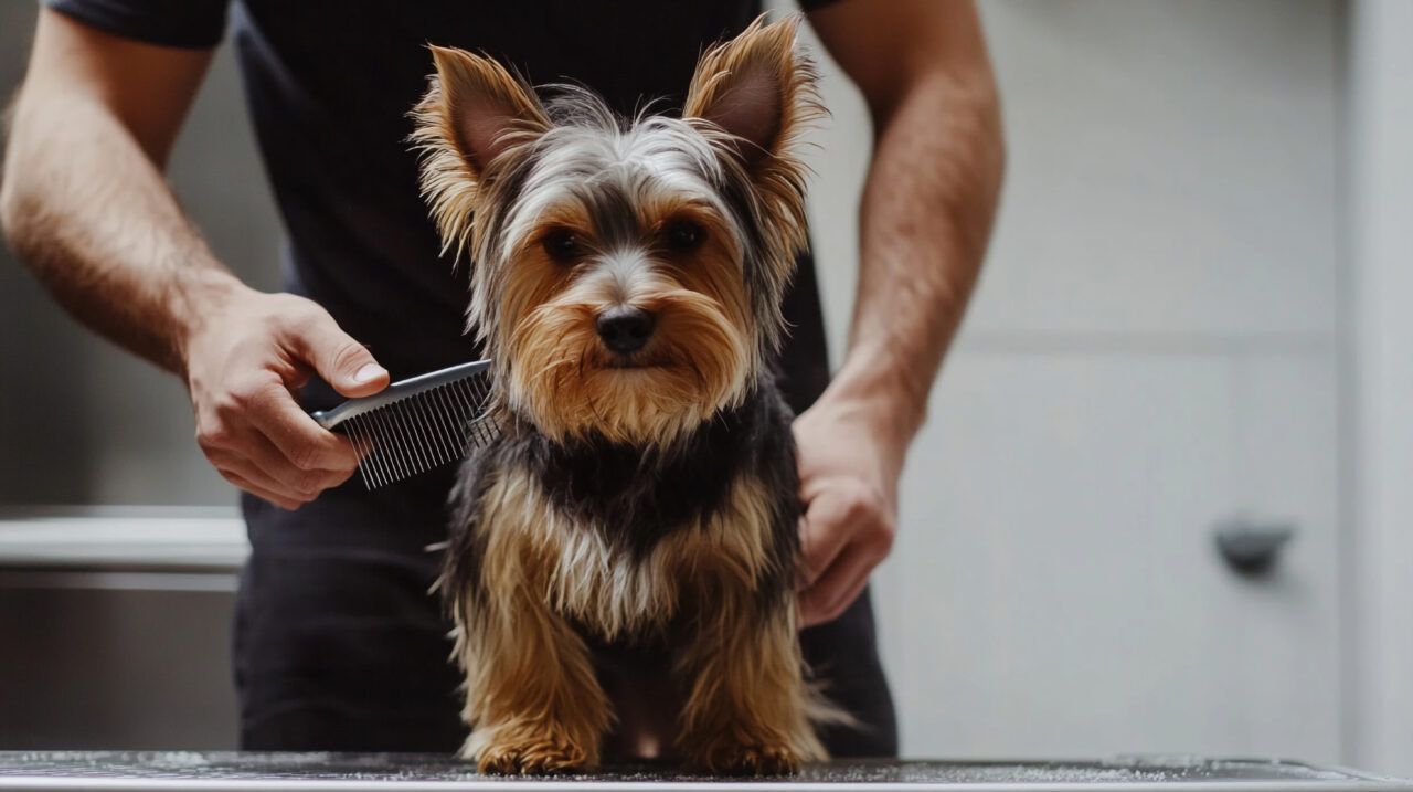 Dog receiving a professional haircut at a South Carolina pet grooming salon
