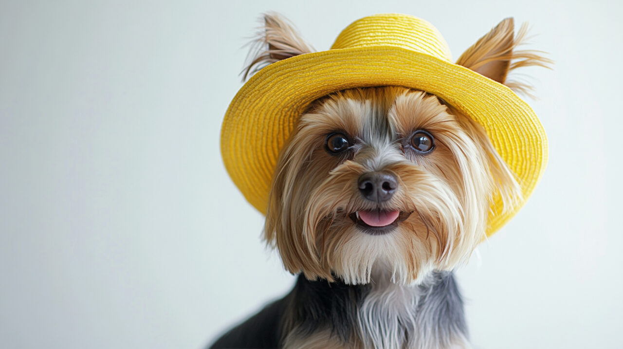 Happy dog wearing a yellow holiday hat after a fresh haircut in South Carolina