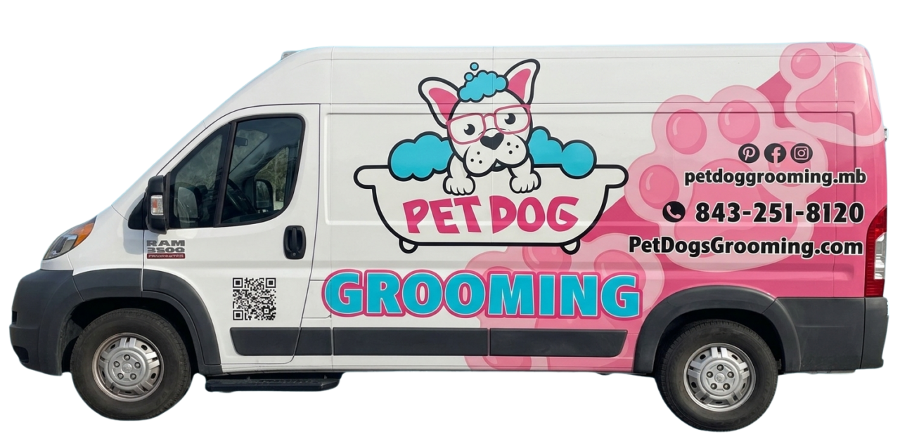 Side view of the PetDog Grooming mobile van featuring a pink and white wrap with a cartoon dog in a bathtub, contact number 843-251-8120, and a QR code.